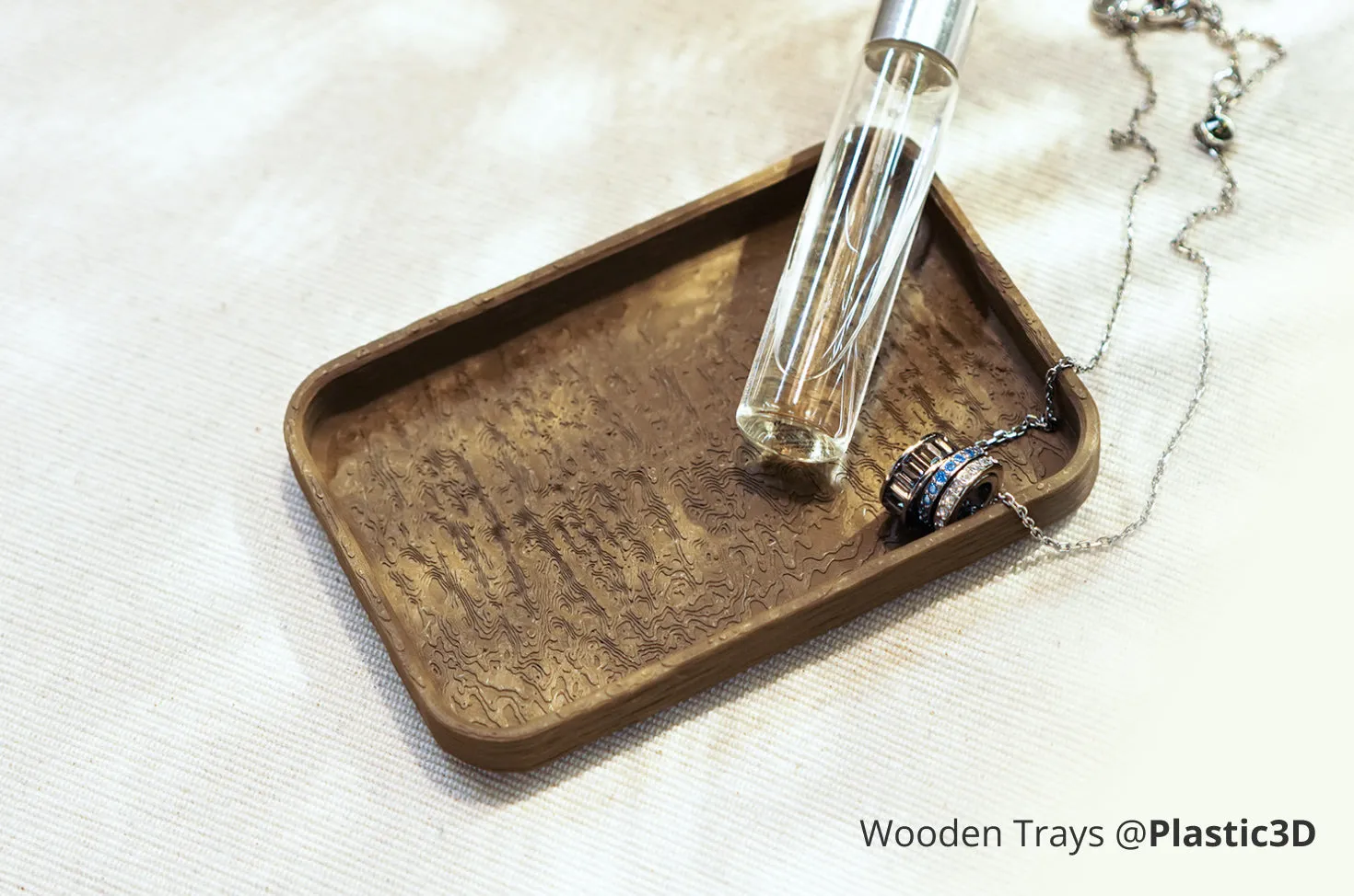 Small storage tray printed with Bambu PLA Wood filament, showing detailed wood grain texture and matte finish