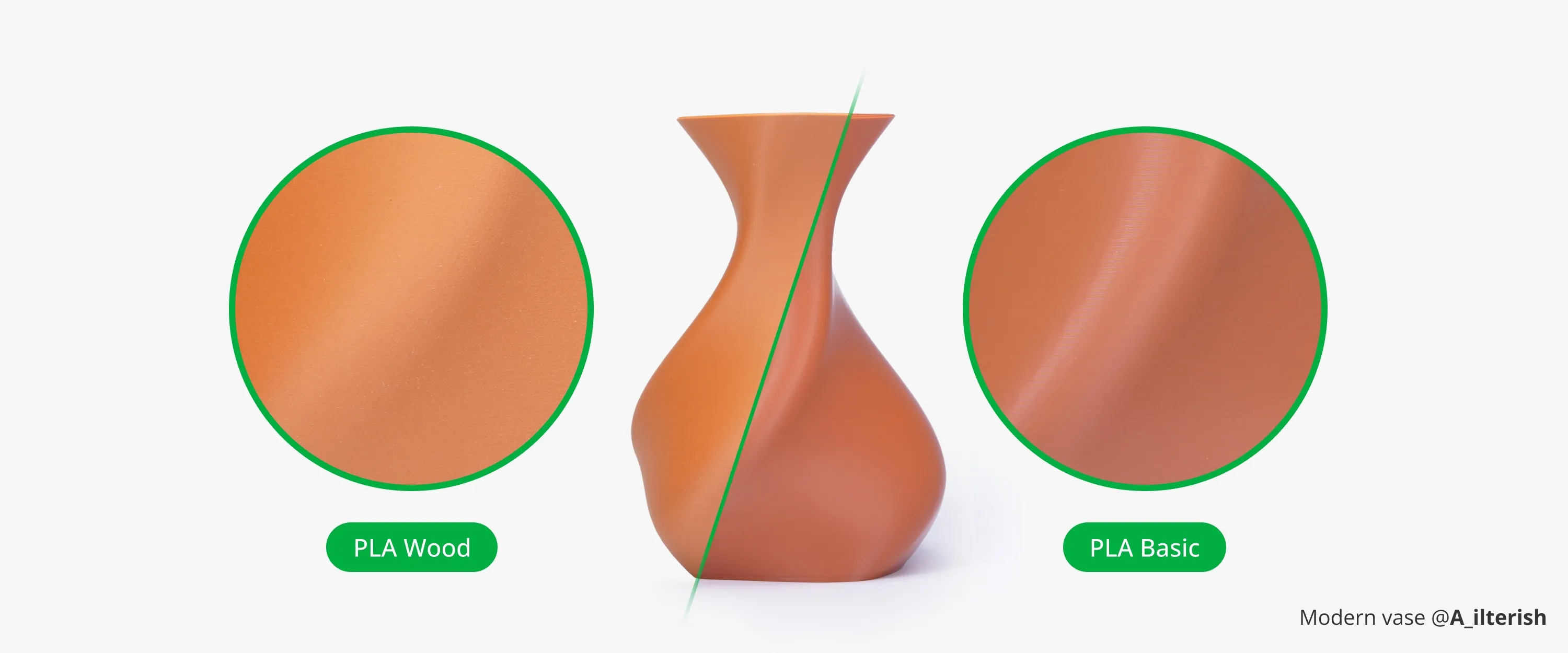 Comparison of PLA Wood and PLA Basic surfaces showing matte wood-like texture versus smooth PLA finish