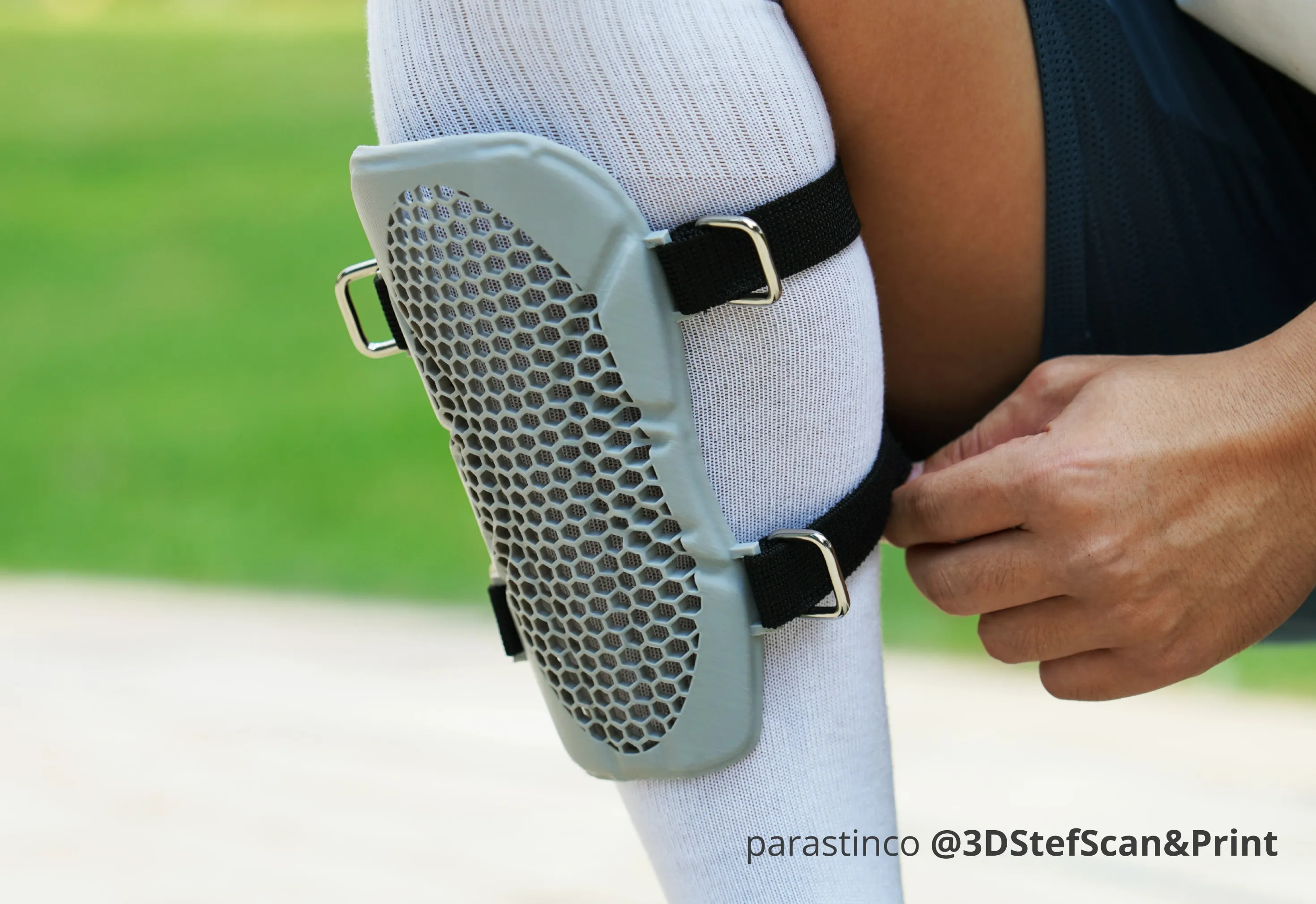 3D printed sports shin guard made with Bambu PLA Tough+, featuring a breathable honeycomb structure