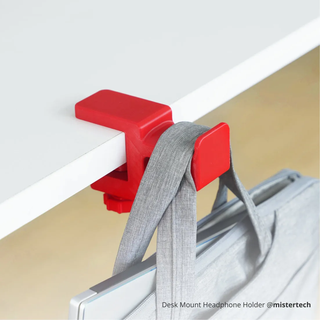 Desk-mounted headphone holder 3D printed using Bambu Lab ABS filament for strength and durability