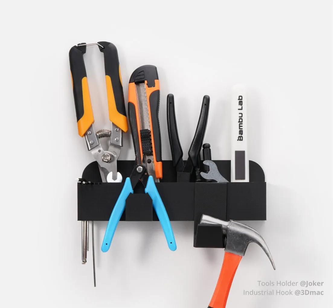 Wall-mounted tool holder 3D printed using Bambu Lab PA6-CF carbon fiber reinforced nylon filament for high strength and durability