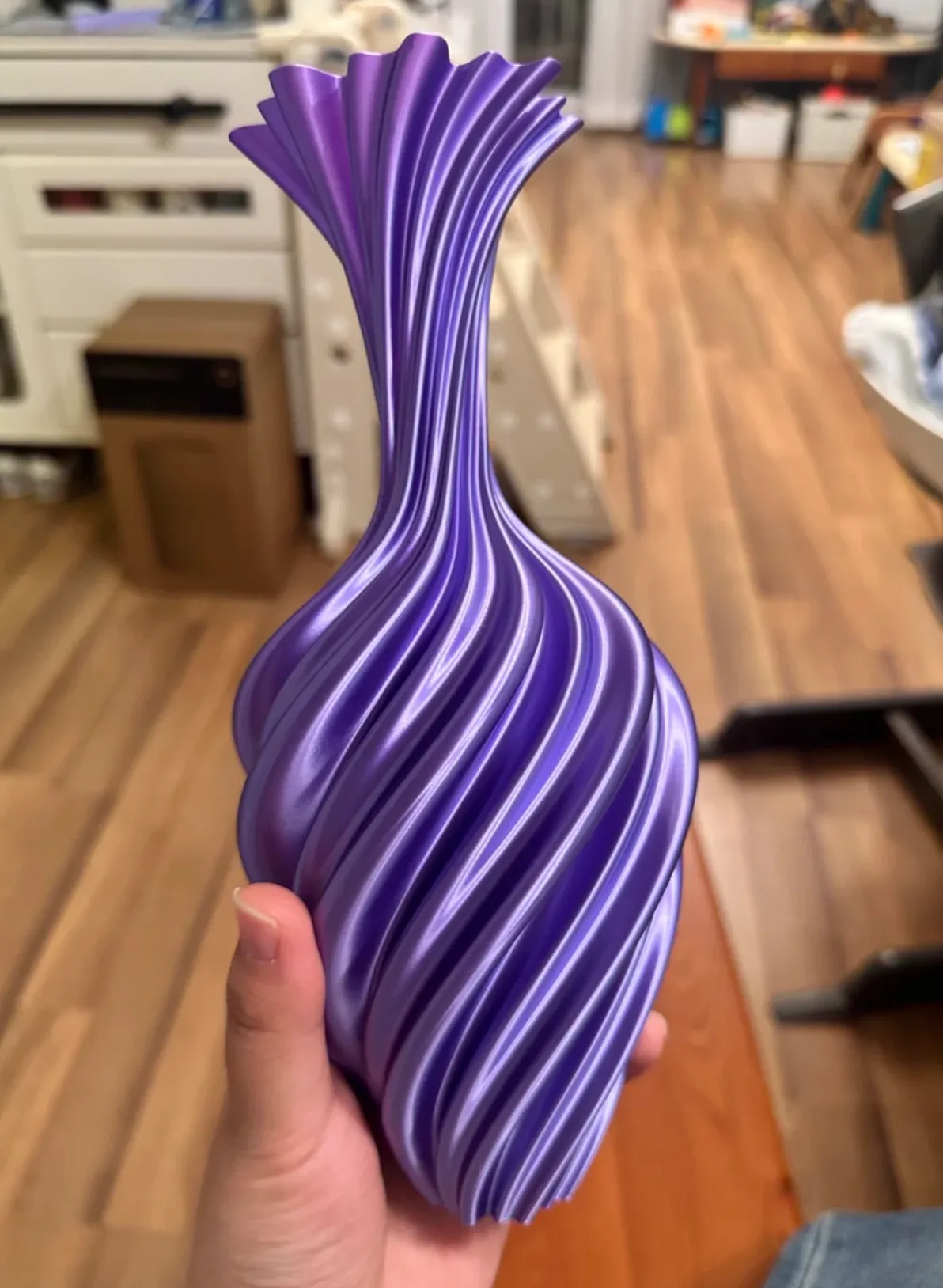 Bambu Lab PLA Silk+ Purple Filament 13702 printed twisted vase with silk purple finish, glossy surface and decorative flowers