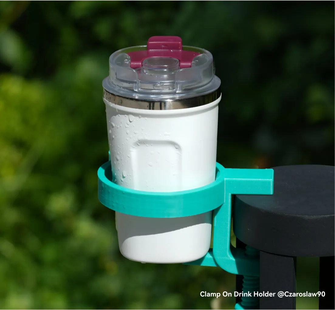 Clamp-on outdoor drink holder 3D printed using Bambu Lab ASA Gray Filament 45102 for UV resistance and durability