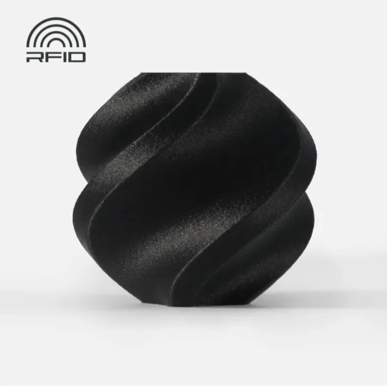 Black 3D printed model made with PAHT-CF filament, RFID enabled