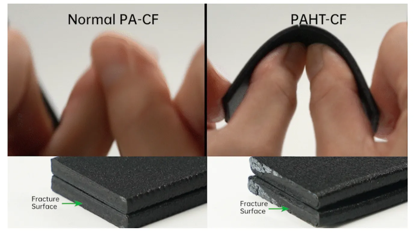 Fracture surface comparison between Bambu Lab PAHT-CF and standard PA-CF filament, showing improved toughness and controlled fracture behavior