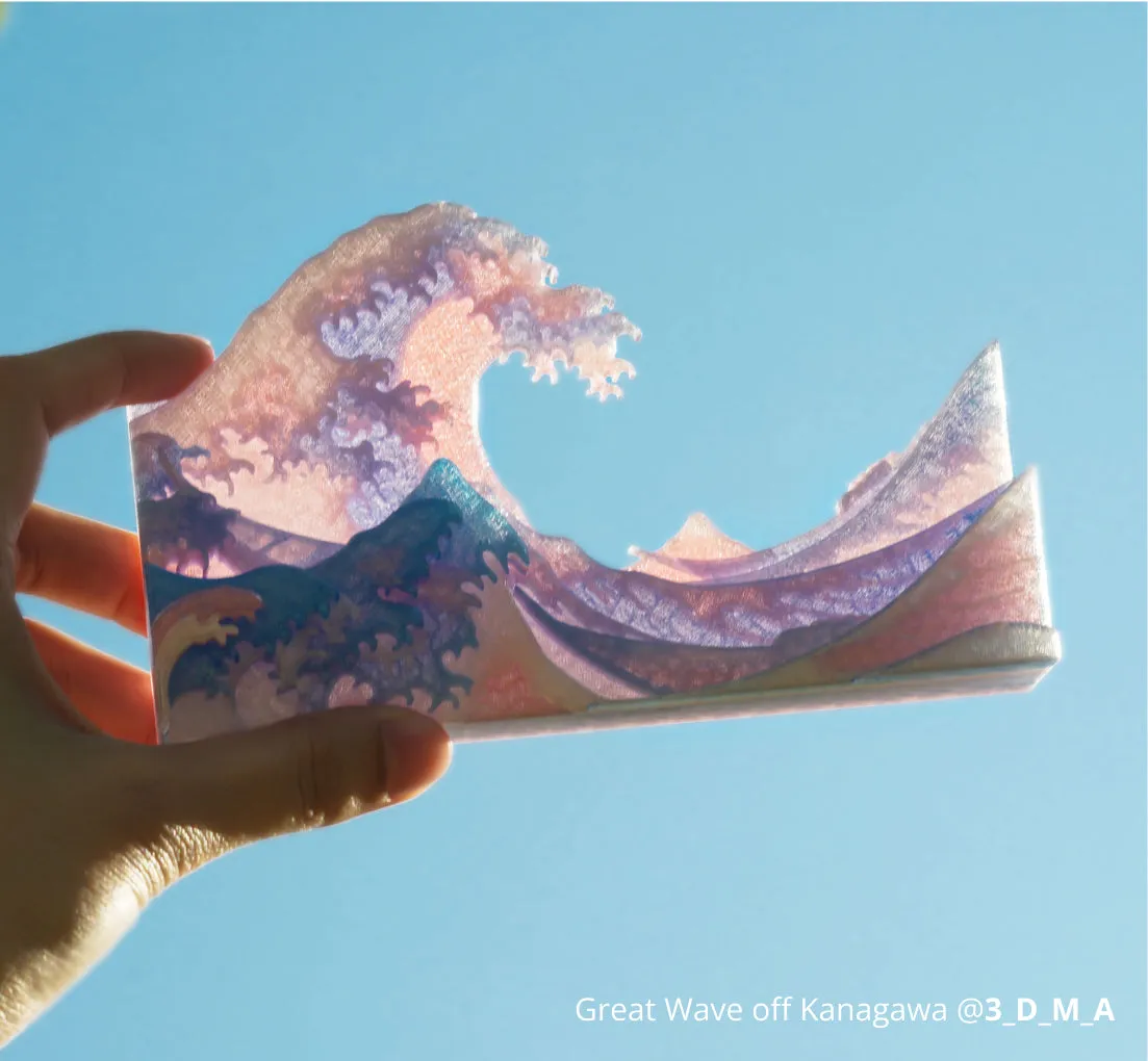 PETG translucent 3D print great wave model light diffusion artistic print