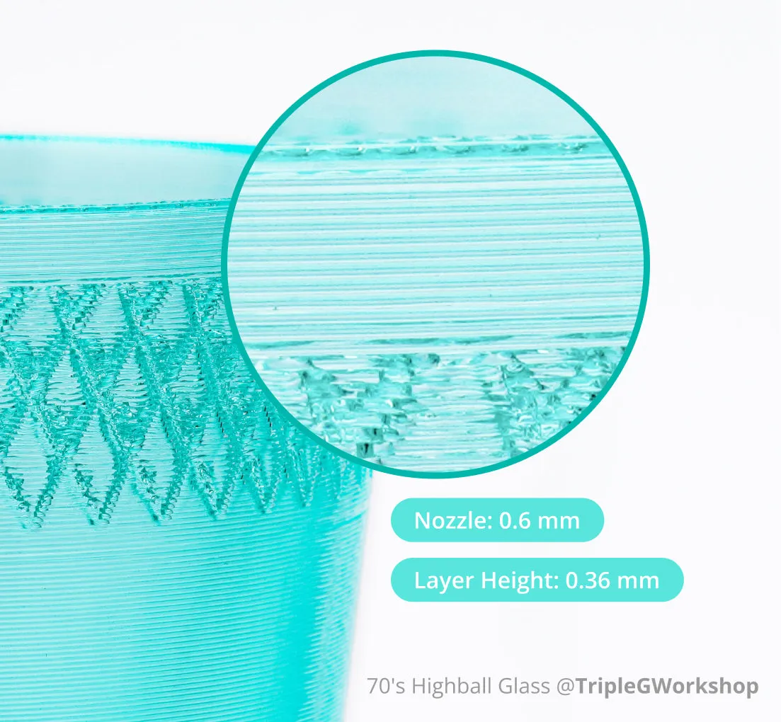 PETG transparent 3D print close-up nozzle 0.6mm layer height 0.36mm