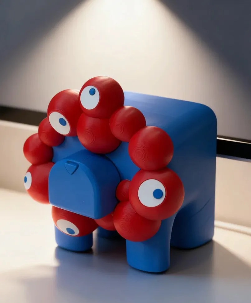 3D printed character figure using red and blue PLA, featuring PLA Basic Red filament 10200