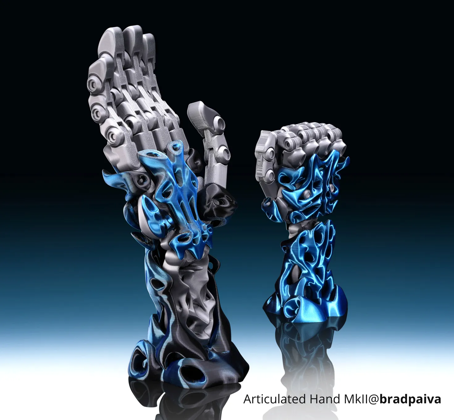 Articulated mechanical hand 3D printed with Bambu Lab PLA Silk Multi-Color filament showing blue and black gradient with glossy silk texture
