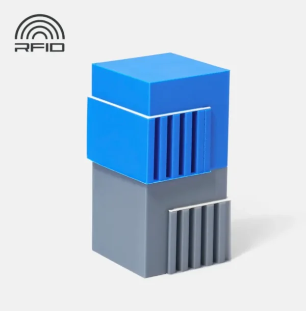 RFID icon and dual-color 3D printed model demonstrating Support for PLA material usage