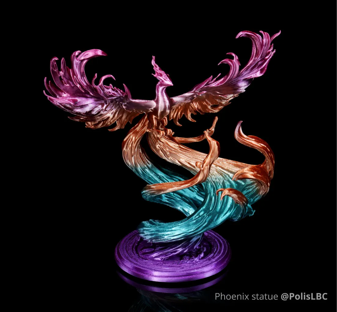 Phoenix statue 3D printed with Bambu Lab PLA Silk Multi-Color filament featuring purple, copper, and teal gradient silk finish
