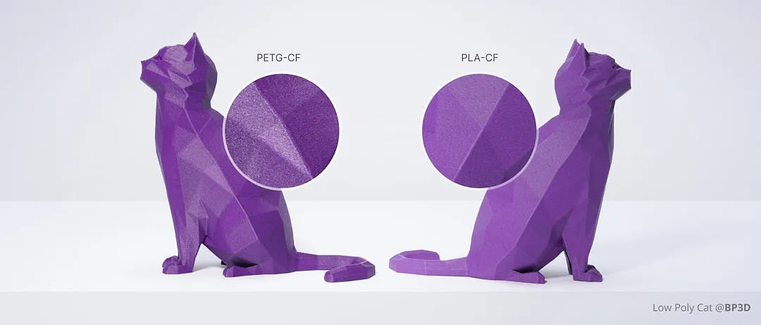Surface texture comparison between PETG-CF and PLA-CF on low poly cat model