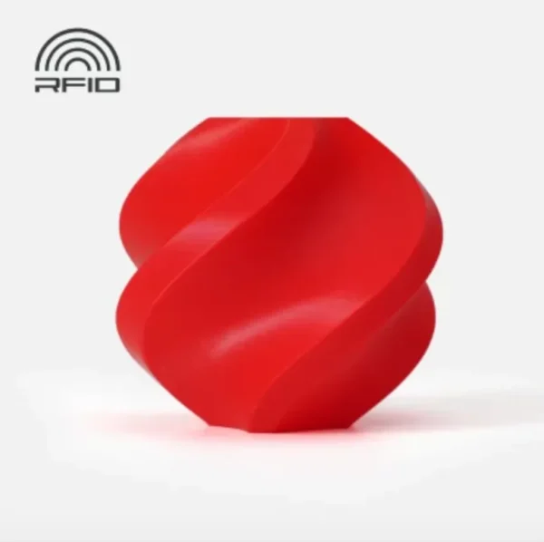 3D printed sample made with Bambu Lab PETG Basic Red filament featuring smooth surface and RFID icon, color code 30201