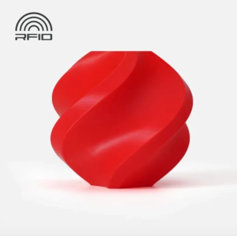 3D printed sample made with Bambu Lab PETG Basic Red filament featuring smooth surface and RFID icon, color code 30201