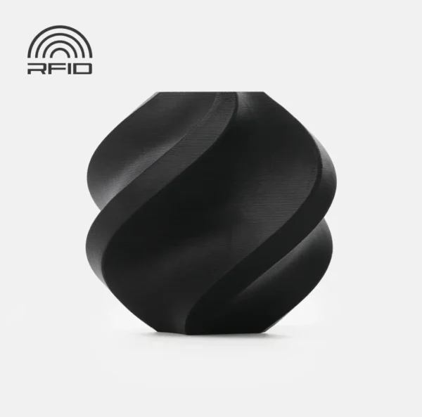 Black printed object made from PETG-HF filament on white background with RFID logo