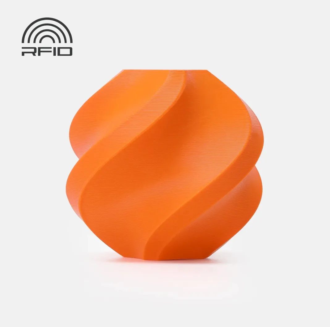 Orange 3D printed model made with Bambu Lab PETG-HF filament featuring RFID support