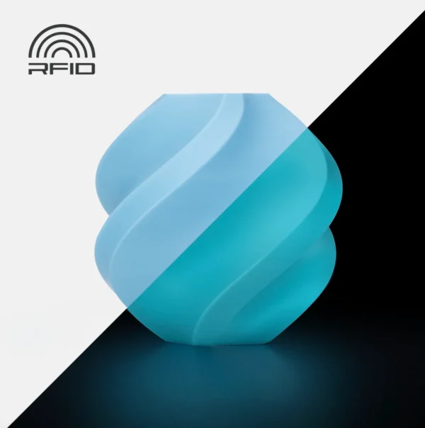 3D printed model made with Bambu Lab PLA Glow Blue filament, featuring RFID-enabled material and smooth surface finish, color code 15600.