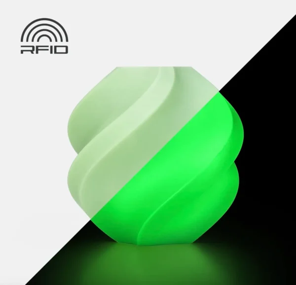 3D printed object made with Bambu Lab PLA Glow Green filament, showing normal appearance and glow-in-the-dark effect, color code 15500.