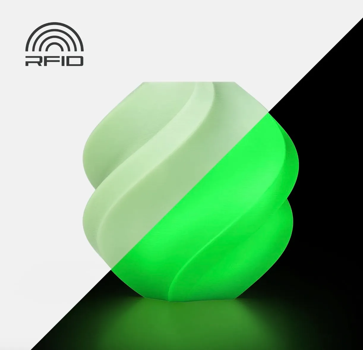 3D printed object made with Bambu Lab PLA Glow Green filament, showing normal appearance and glow-in-the-dark effect, color code 15500.