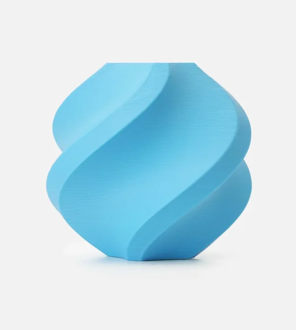 Cyan 3D printed object made with Bambu Lab PLA Lite Cyan Filament 1.75mm, showing smooth curves, fine layer lines, and even color finish, Color Code 16600.