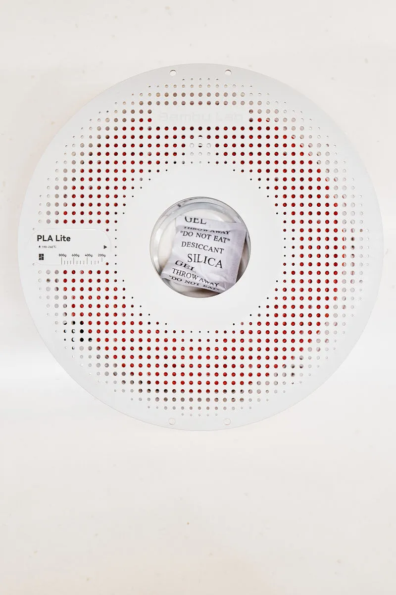 Front view of full spool Bambu Lab PLA Lite Red Filament 1.75mm 1kg, featuring perforated spool design and vivid red filament, Color Code 16200.