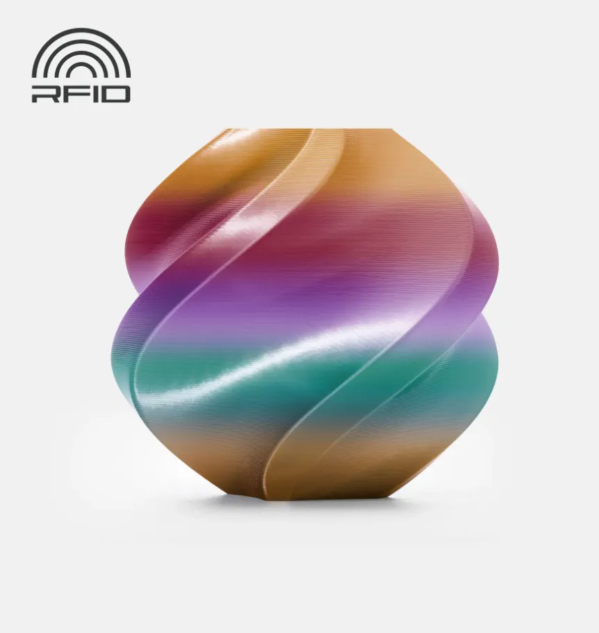 Overview of Bambu Lab PLA Silk Dawn Radiance filament showing multi-color pastel gradient distribution, color code 13912.