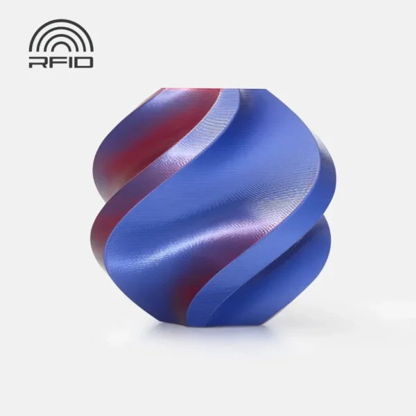3D printed model made with Bambu Lab PLA Silk Midnight Blaze filament, featuring blue-red dual-color silk finish and RFID-enabled material.