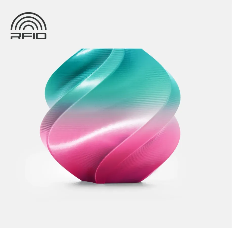 3D printed model made with Bambu Lab PLA Silk South Beach filament, featuring teal and pink gradient silk finish, color code 13906.