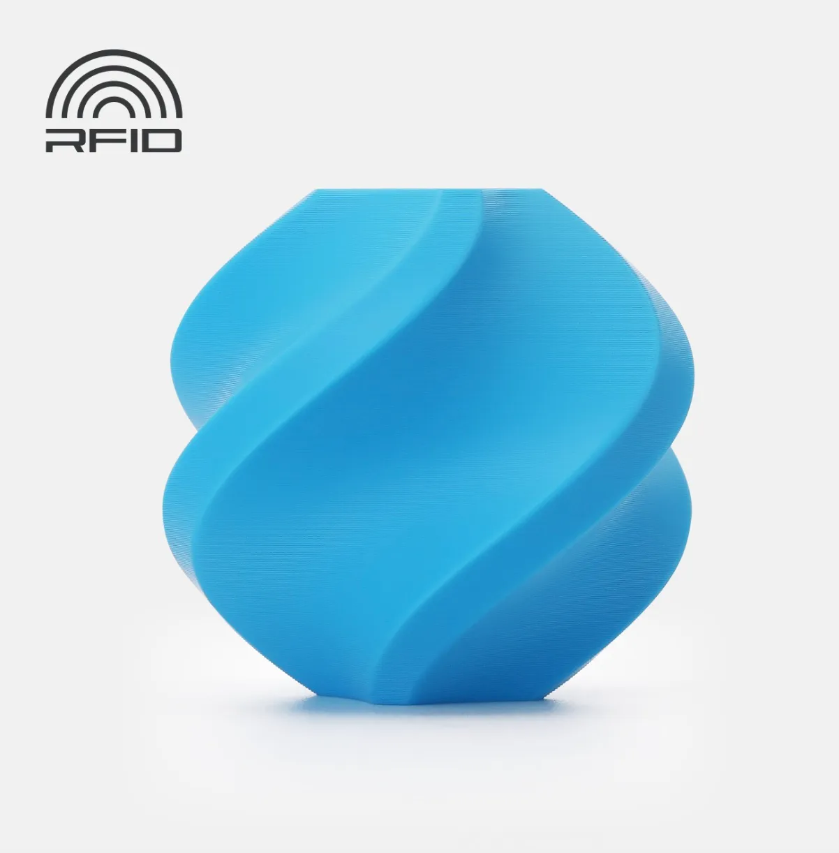 3D printed model made with Bambu Lab PLA Tough+ Cyan filament, showing smooth surface finish and RFID-enabled material, color code 12601.