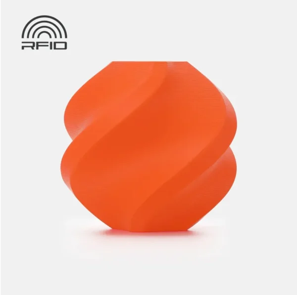 3D printed model made with Bambu Lab PLA Tough+ Orange filament, showing solid structure and RFID-enabled material, color code 12301.