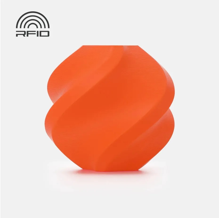 3D printed model made with Bambu Lab PLA Tough+ Orange filament, showing solid structure and RFID-enabled material, color code 12301.