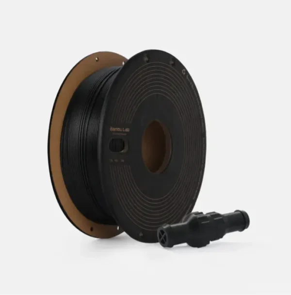 Bambu Lab PPS-CF black filament spool with carbon fiber filament and included nozzle accessory