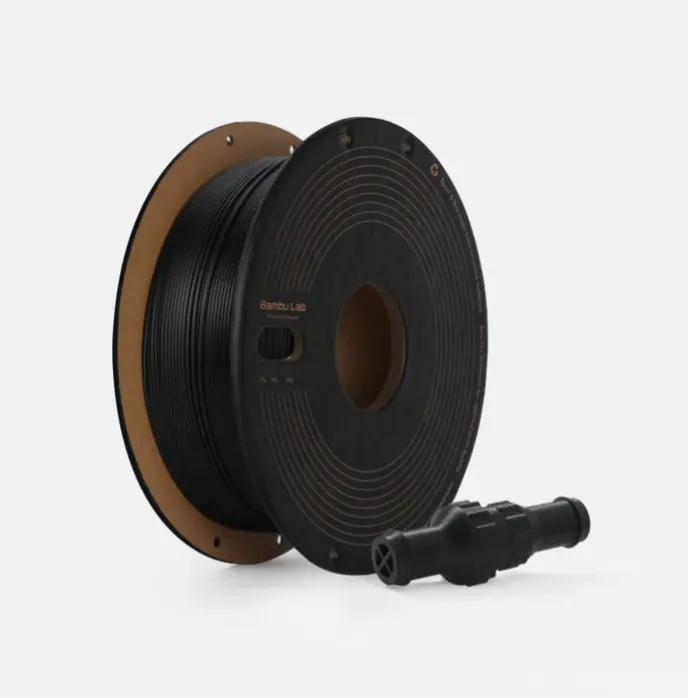 Bambu Lab PPS-CF black filament spool with carbon fiber filament and included nozzle accessory