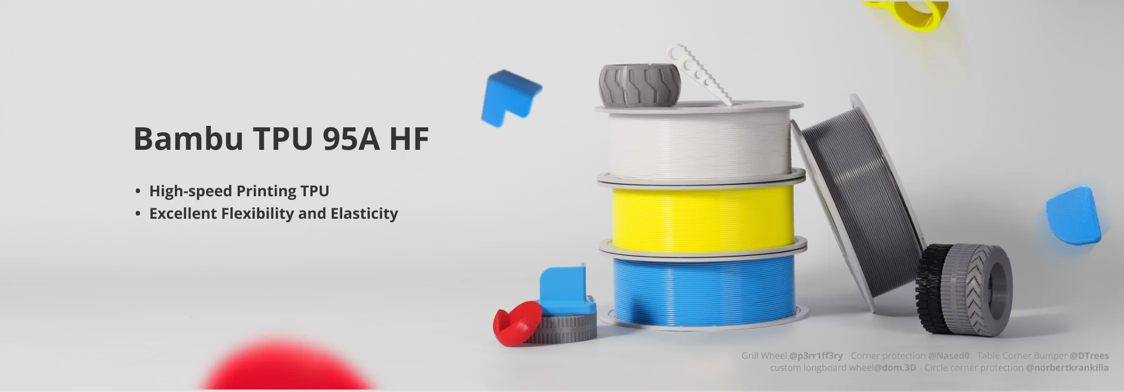 Bambu Lab TPU 95A HF filament spools and 3D printed flexible parts, demonstrating high-speed TPU printing applications