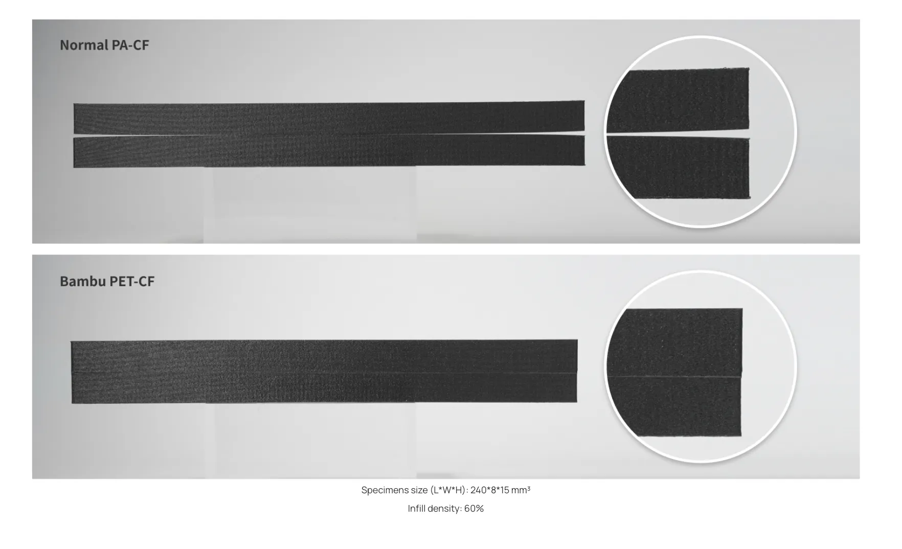 Surface quality comparison between Bambu PET-CF 71100 and standard PA-CF filament under identical printing conditions