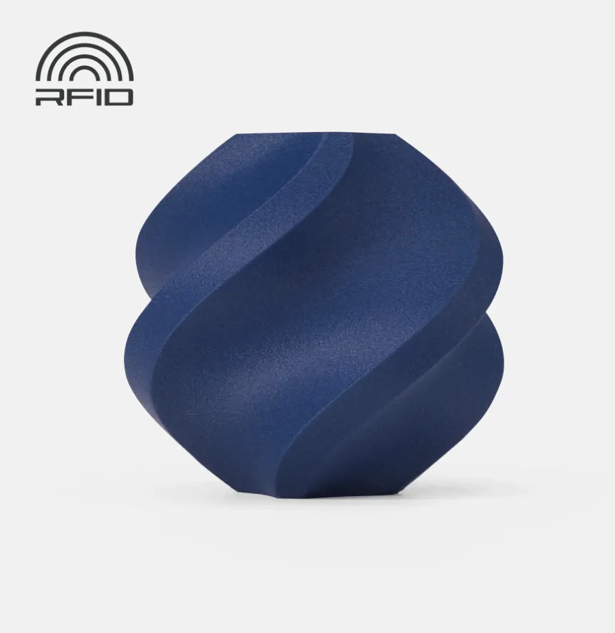 PETG-CF Indigo Blue printed sample showing smooth surface finish with RFID support