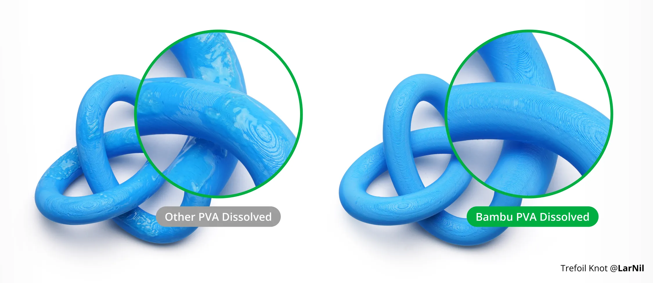 Comparison of dissolved PVA supports showing smoother surface results with Bambu PVA Clear filament versus other PVA materials