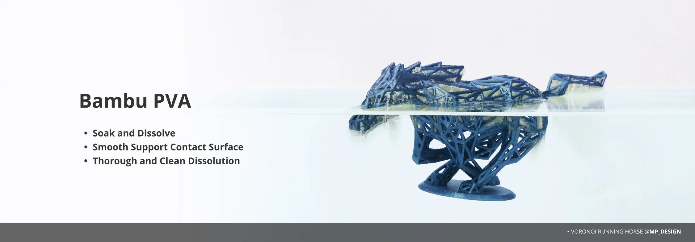 Bambu PVA water soluble support filament dissolving in water on complex Voronoi 3D printed model