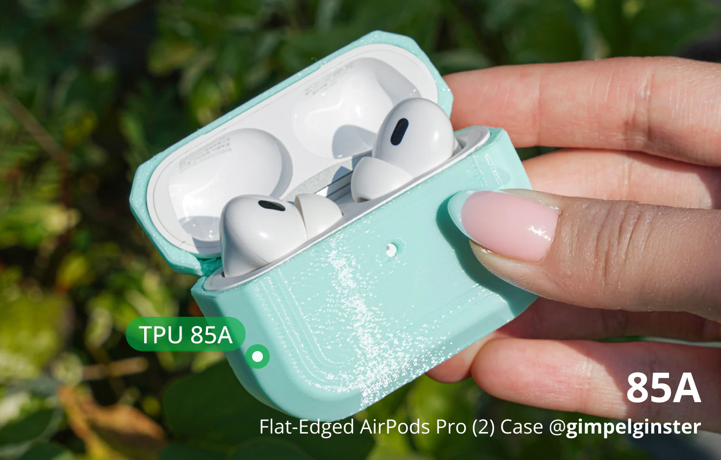 Flexible AirPods Pro case 3D printed with Bambu TPU 85A filament, showing soft touch surface, impact protection, and elastic material propertie