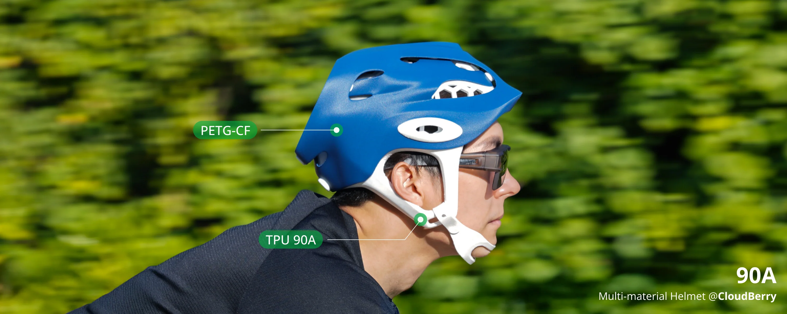 Multi-material cycling helmet 3D printed with Bambu TPU 90A and PETG-CF filament, showing flexible straps, rigid shell structure, and real-world wear testing