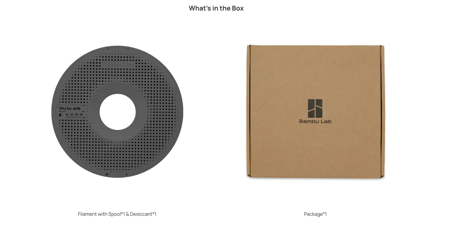 Bambu TPU for AMS filament with spool and desiccant alongside original Bambu Lab packaging box, showing what is included in the package