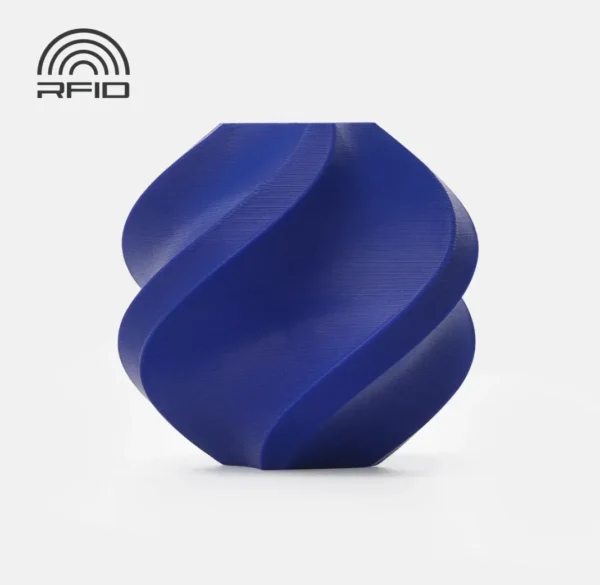 Blue printed object made from PETG-HF filament on a white background with RFID logo