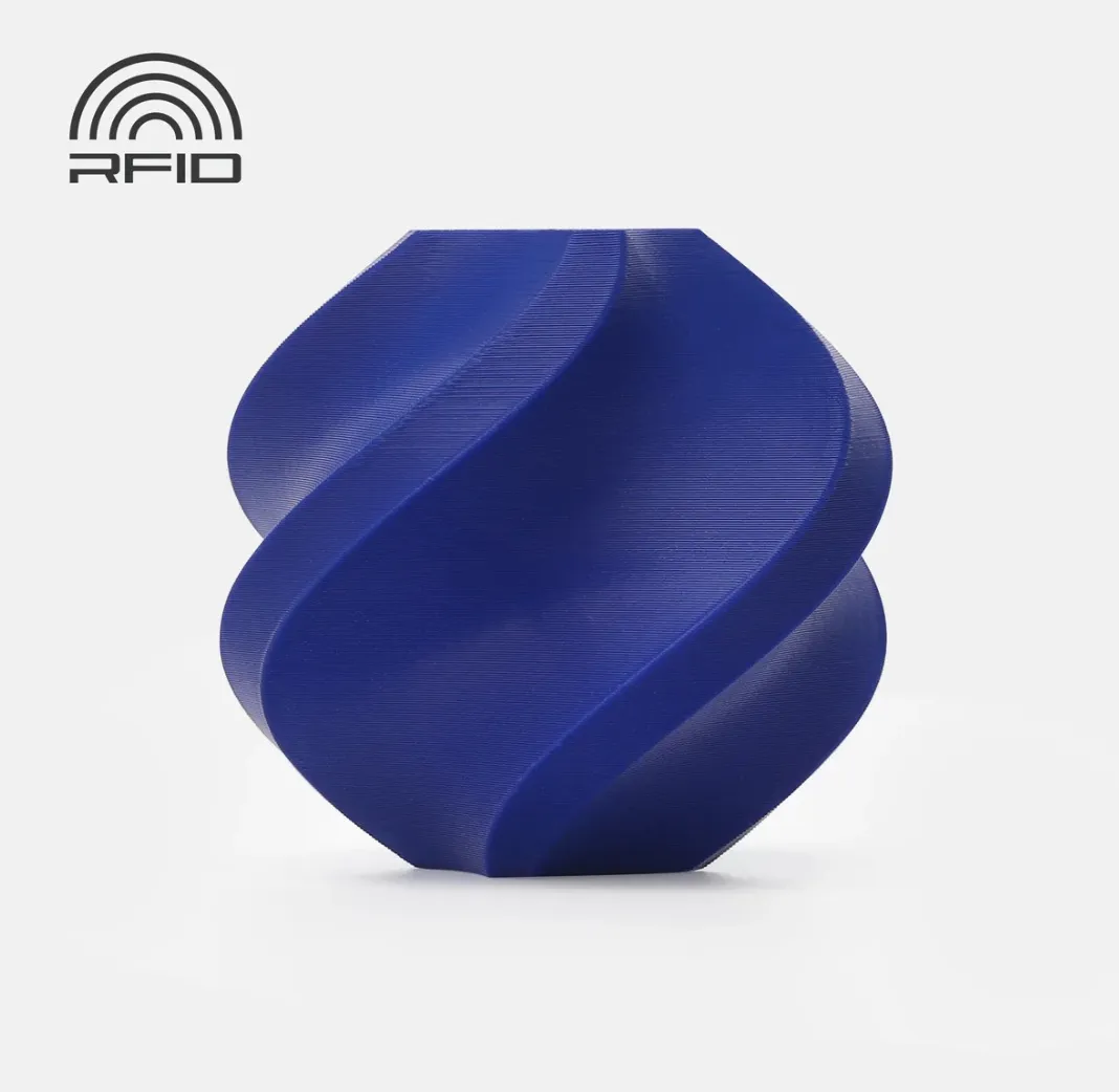 Blue printed object made from PETG-HF filament on a white background with RFID logo