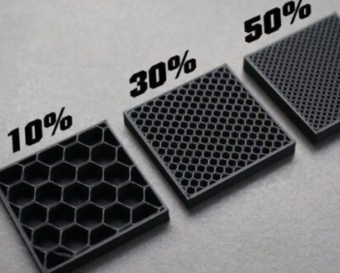 3D printed parts showing different infill densities at 10%, 30%, and 50% to compare strength and material usage.
