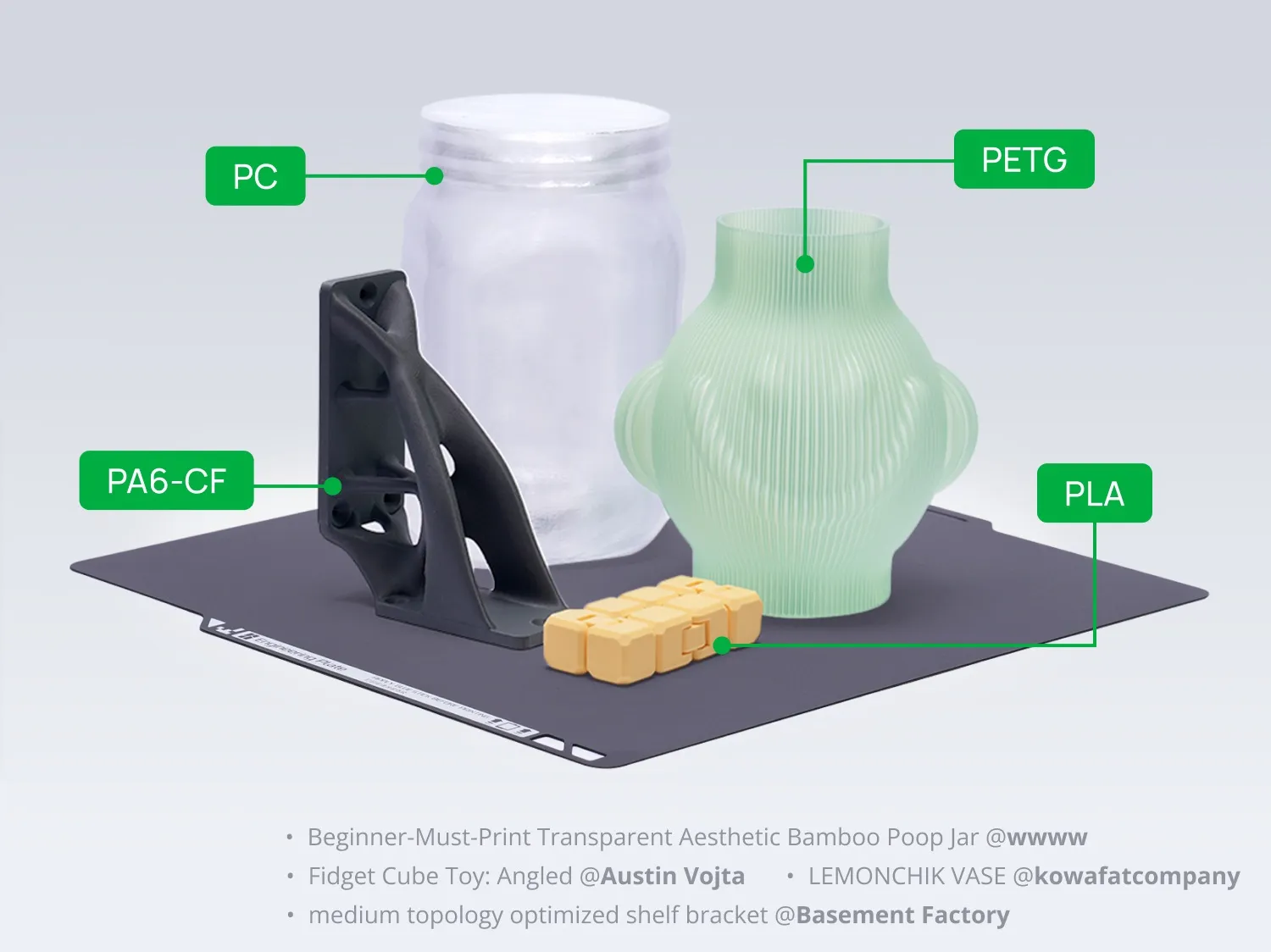 Bambu Engineering build plate showing compatibility with PC, PETG, PA6-CF, and PLA filaments on a single print surface