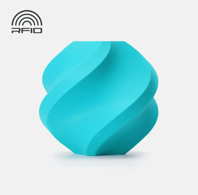 Spiral geometric decorative object printed with Bambu Lab PLA Basic Turquoise filament 1kg (Color Code:10605) showing smooth layer finish and vibrant turquoise color