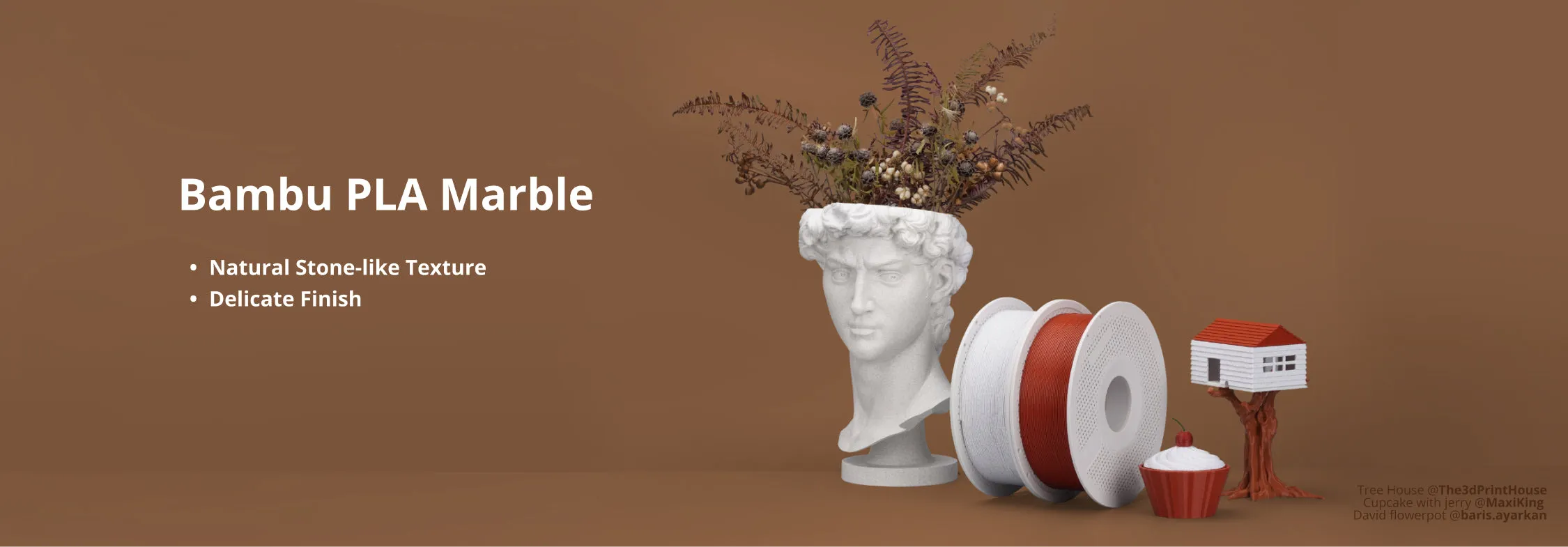 Bambu Lab PLA Marble filament 13103 banner showing David bust flowerpot, filament spool, and small printed models