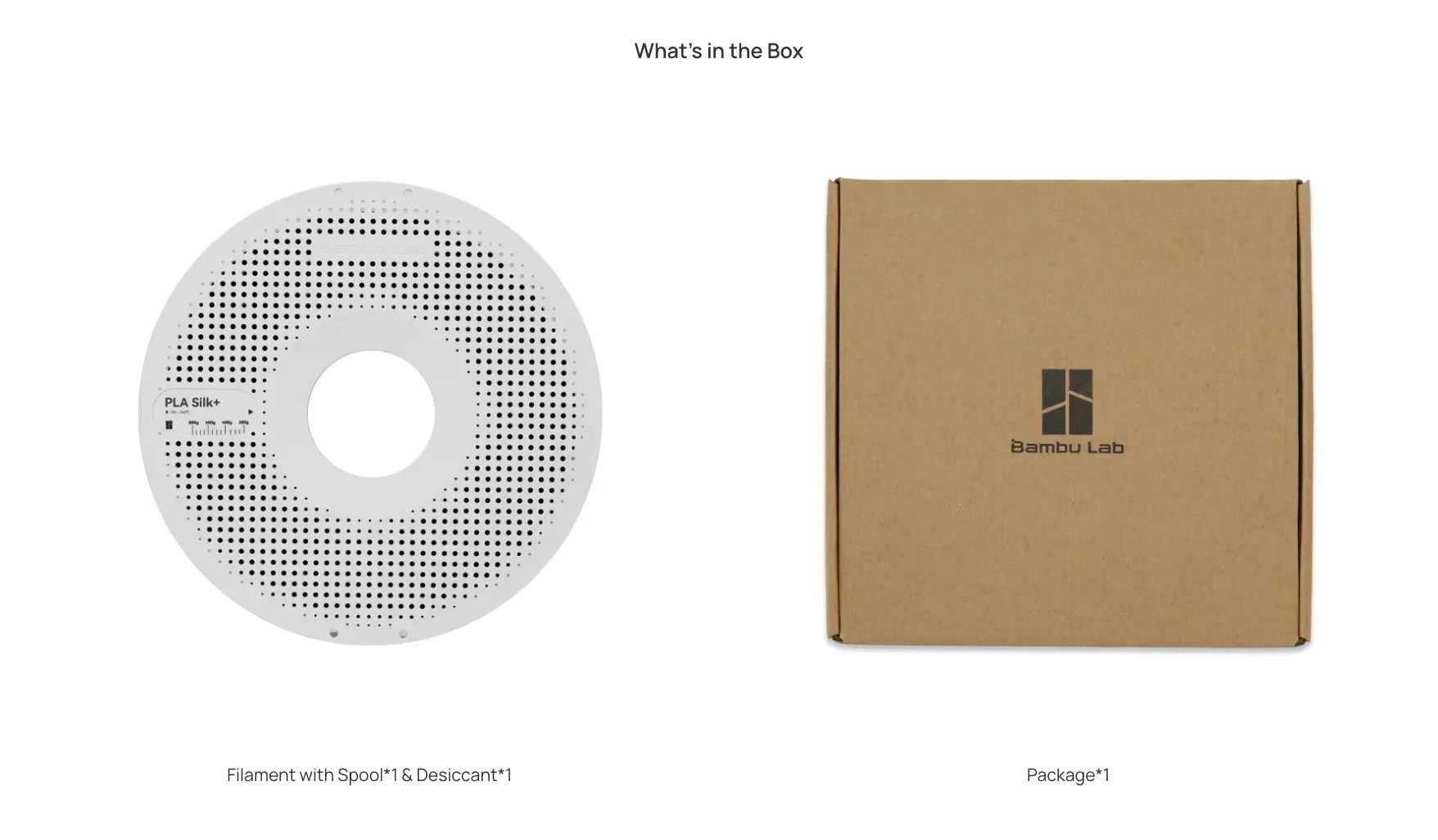 Bambu Lab PLA Silk+ filament spool with desiccant and original Bambu Lab packaging box