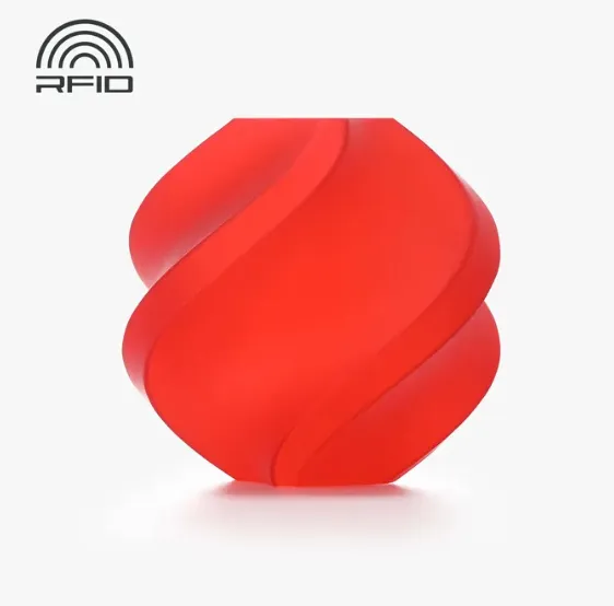 RFID-enabled sample printed with Bambu Lab Translucent Red filament 13210, featuring smooth surface and uniform translucent red color