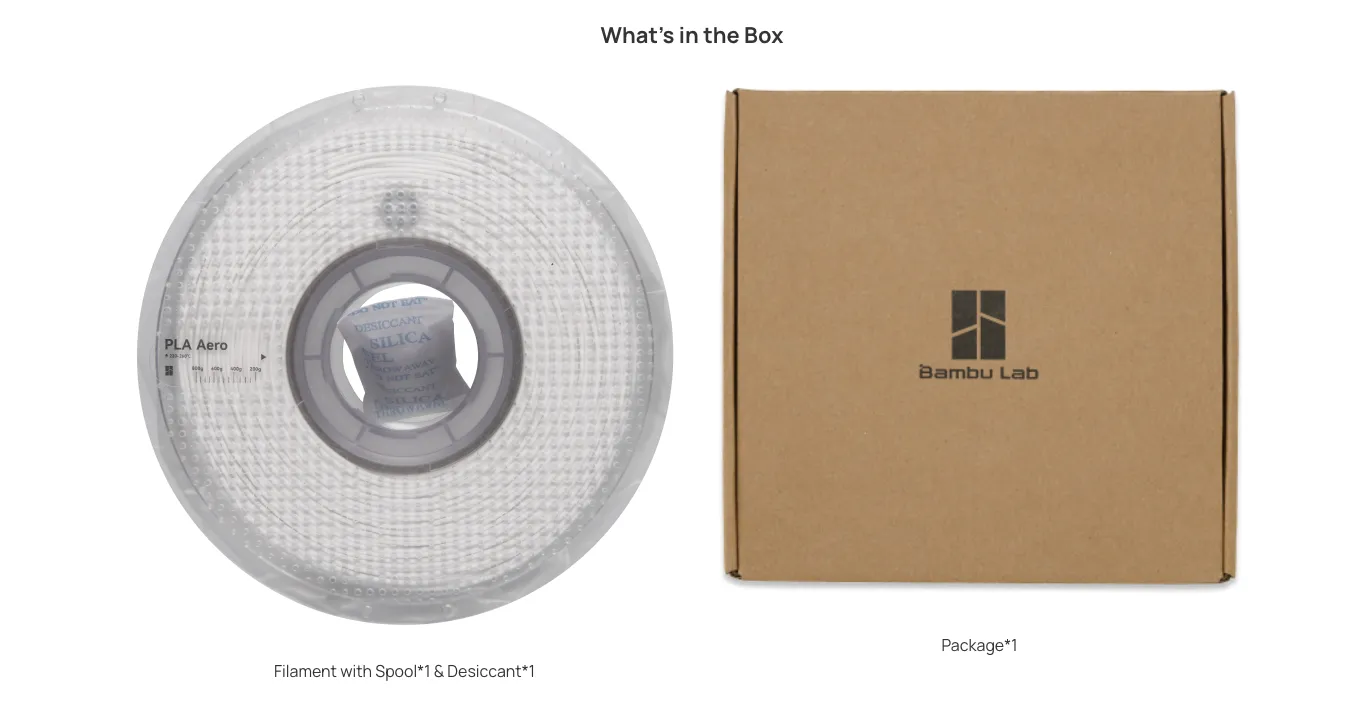 Bambu PLA Aero filament spool with desiccant and official Bambu Lab packaging box